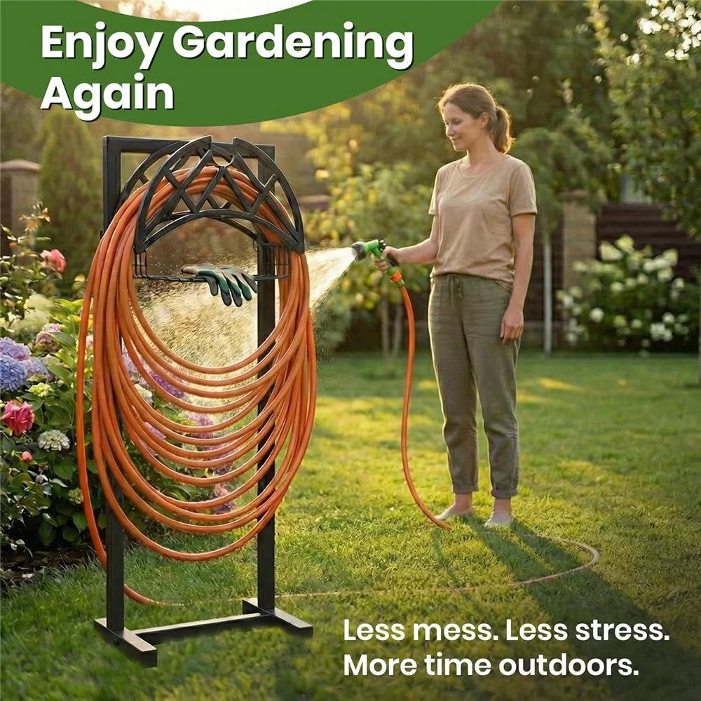 Outdoor Garden Hose Storage Rack with Basket Heavy Duty Metal Stand for Yard Lawn - Black - 6