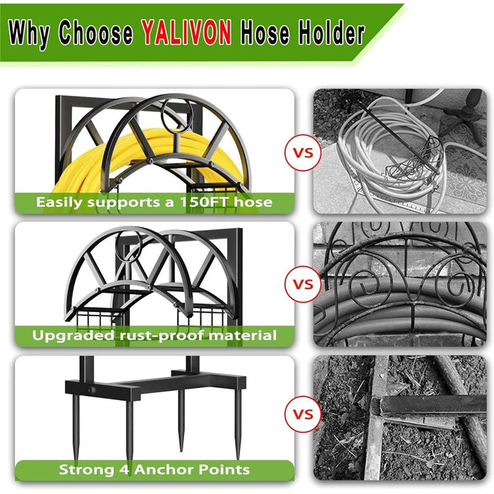 Garden Hose Holder 150FT Capacity Rust-Proof Metal Stand with Tool Basket for Outdoor Patio - Black - 2