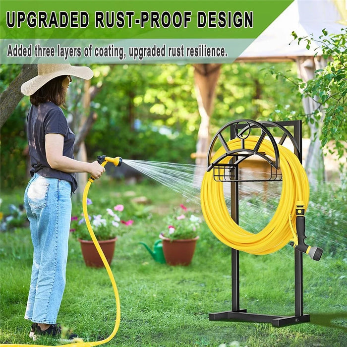 Garden Hose Holder 150FT Capacity Rust-Proof Metal Stand with Tool Basket for Outdoor Patio - Black - 3
