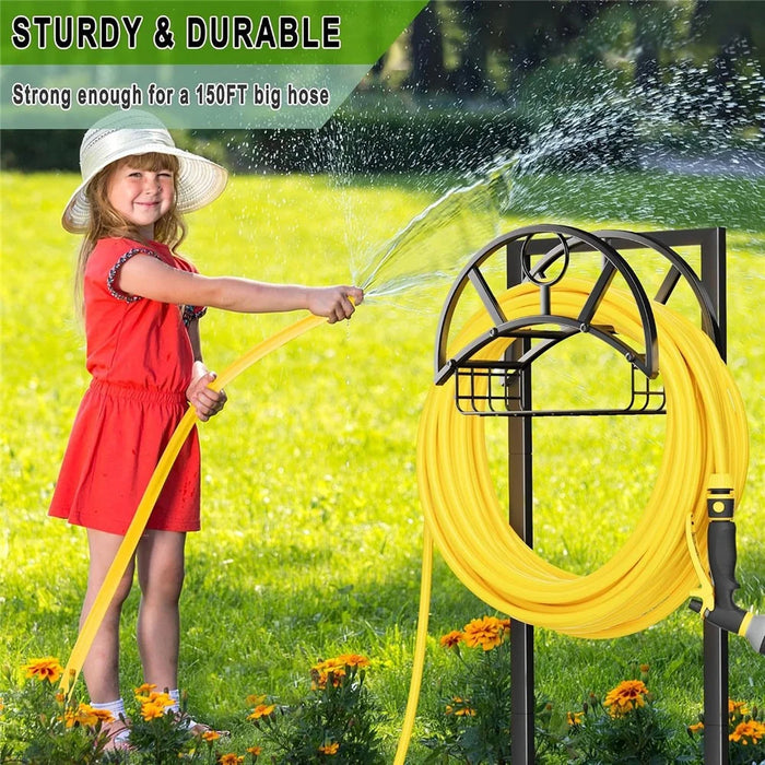 Garden Hose Holder 150FT Capacity Rust-Proof Metal Stand with Tool Basket for Outdoor Patio - Black - 4
