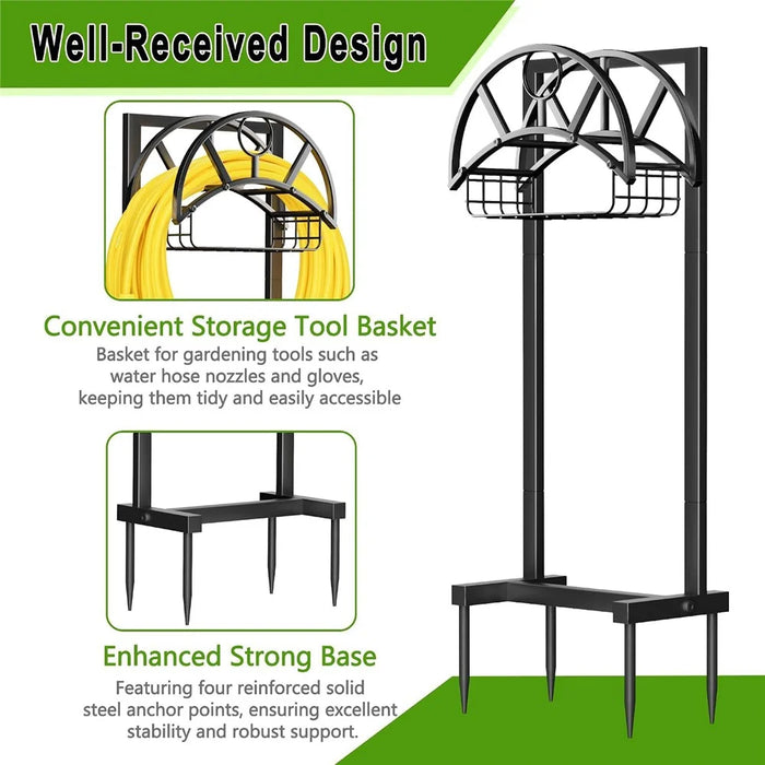 Garden Hose Holder 150FT Capacity Rust-Proof Metal Stand with Tool Basket for Outdoor Patio - Black - 5