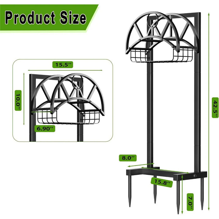 Garden Hose Holder 150FT Capacity Rust-Proof Metal Stand with Tool Basket for Outdoor Patio - Black - 6