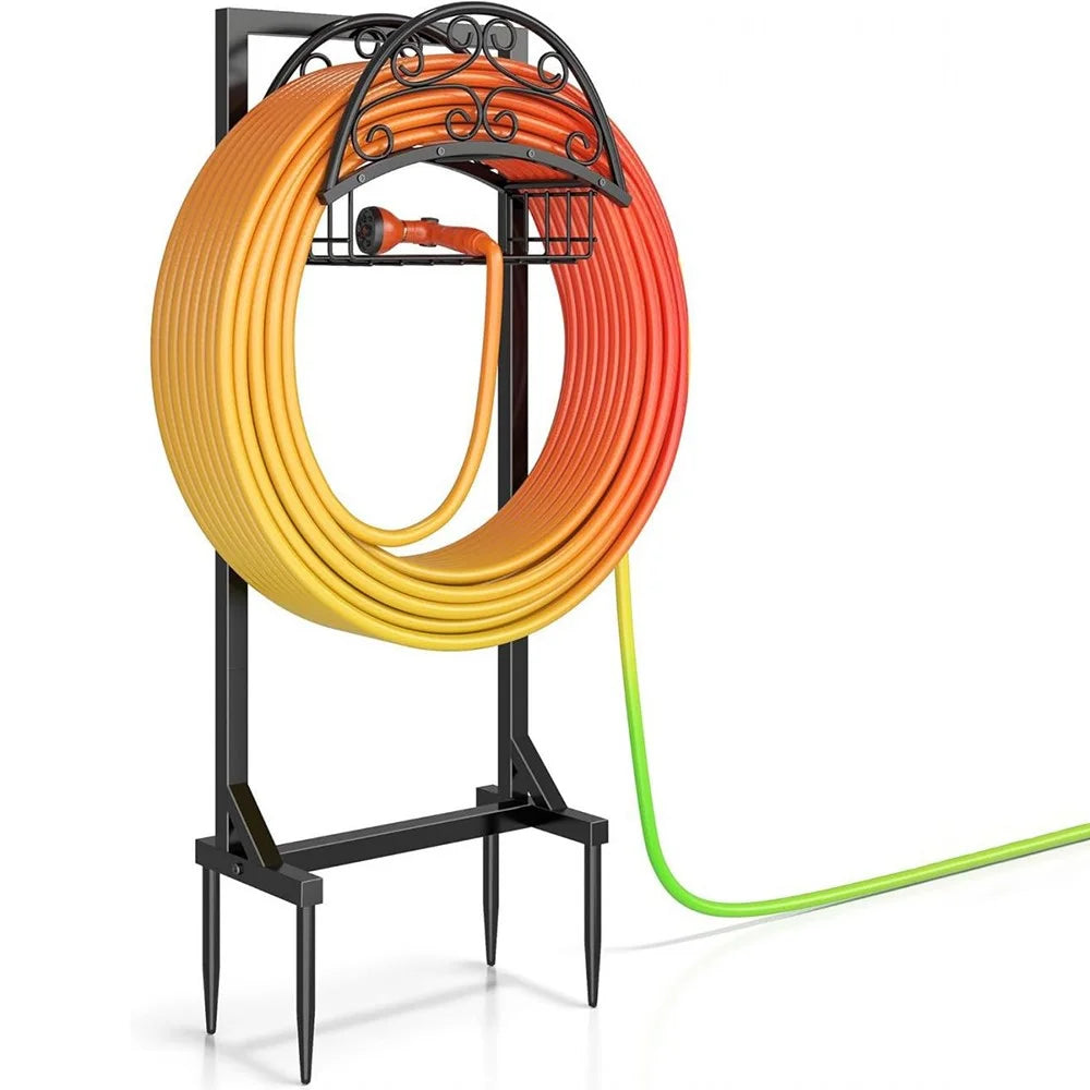 Garden Hose Holder Stand with Storage Basket 150FT Capacity Hose Rack for Outdoor Yard - Black - 1