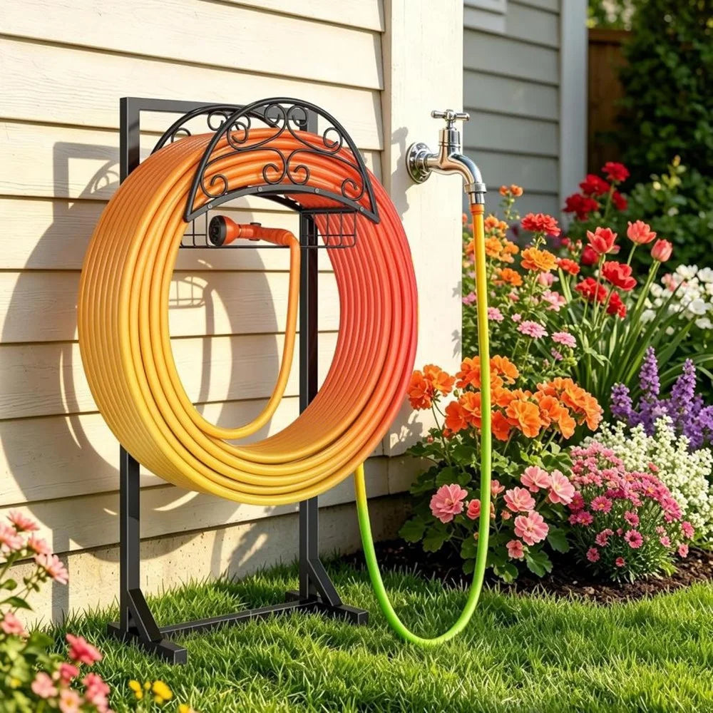 Garden Hose Holder Stand with Storage Basket 150FT Capacity Hose Rack for Outdoor Yard - Black - 2