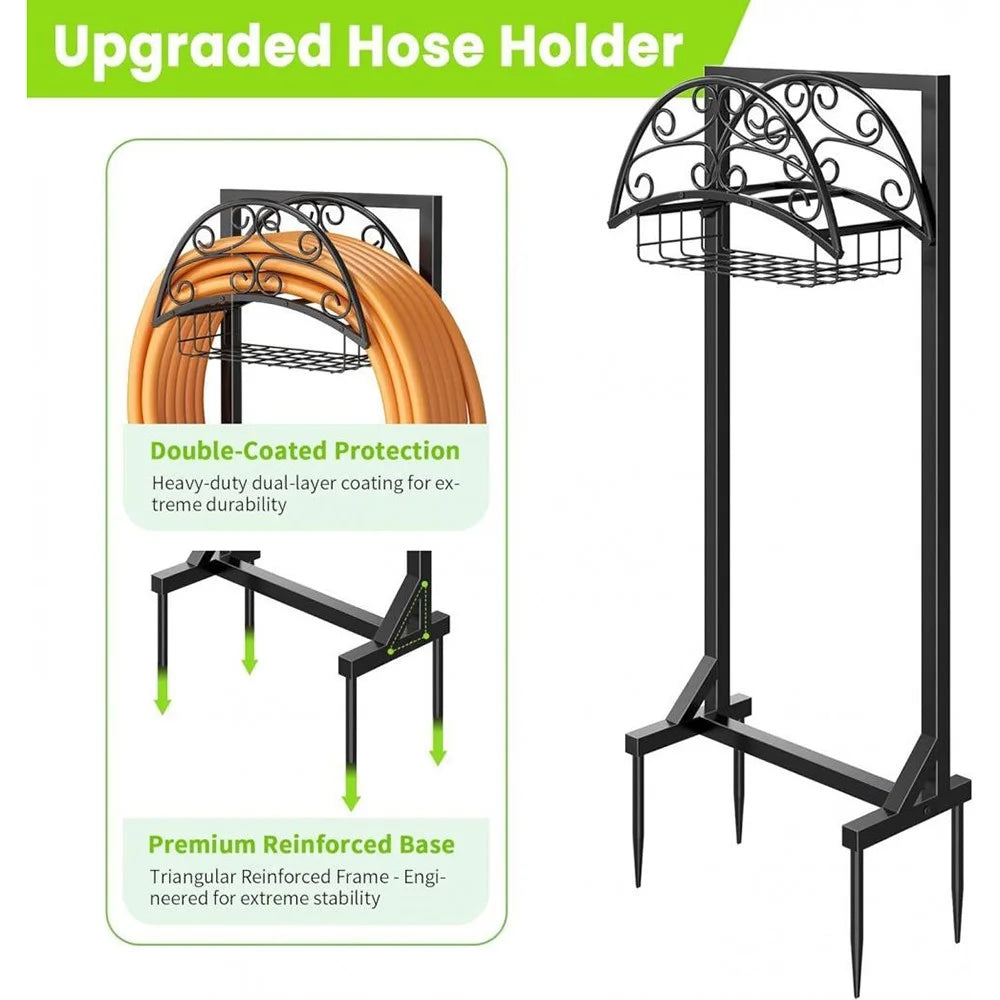 Garden Hose Holder Stand with Storage Basket 150FT Capacity Hose Rack for Outdoor Yard - Black - 3