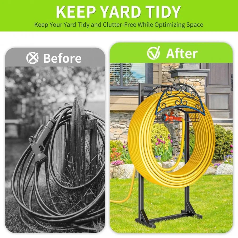 Garden Hose Holder Stand with Storage Basket 150FT Capacity Hose Rack for Outdoor Yard - Black - 4