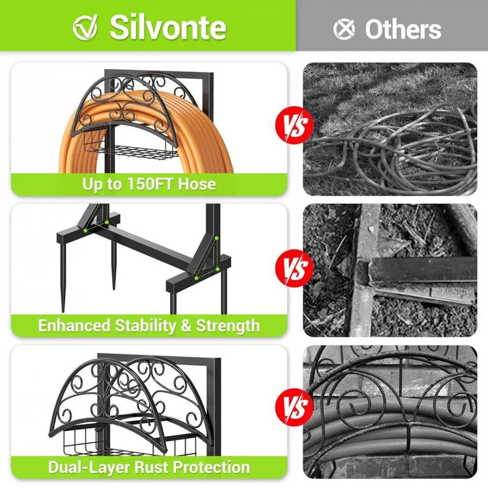 Garden Hose Holder Stand with Storage Basket 150FT Capacity Hose Rack for Outdoor Yard - Black - 5