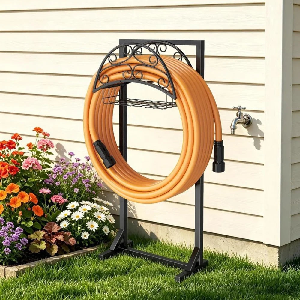 Garden Hose Holder Stand with Storage Basket 150FT Capacity Hose Rack for Outdoor Yard - Black - 6