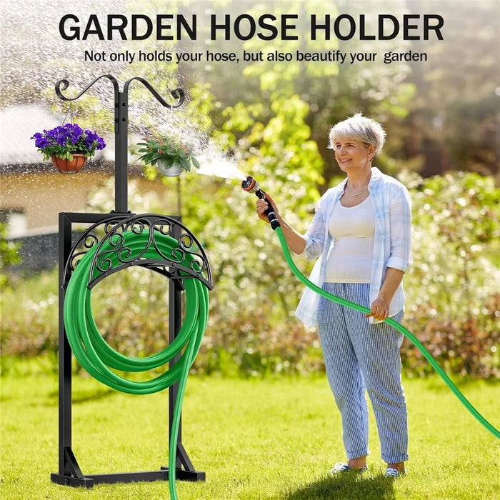 2 in 1 Garden Hose Holder Outdoor Water Hose Reel Stand 150FT Capacity Multi-Purpose Hooks for Yard - 2