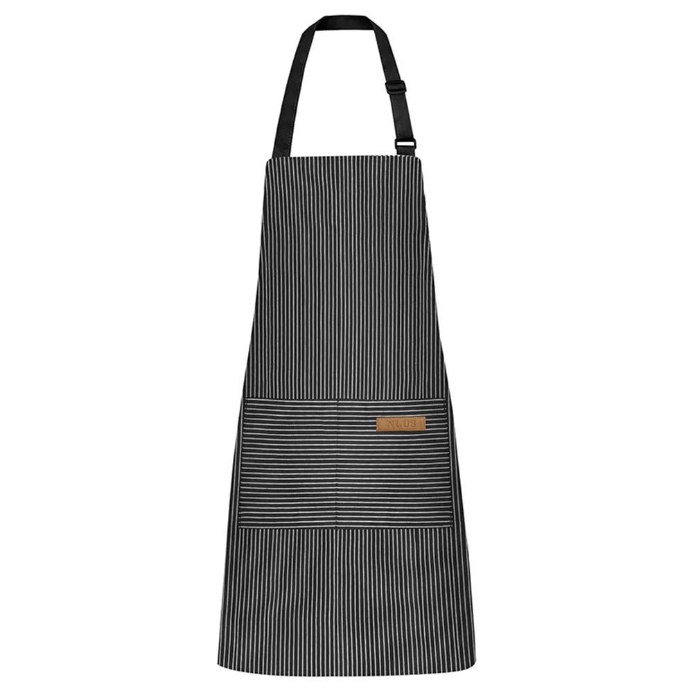 Adjustable Striped Halter Neck Apron with 2 Pockets for Kitchen Restaurant Gardening Cafe - Black Thin Stripe - 1
