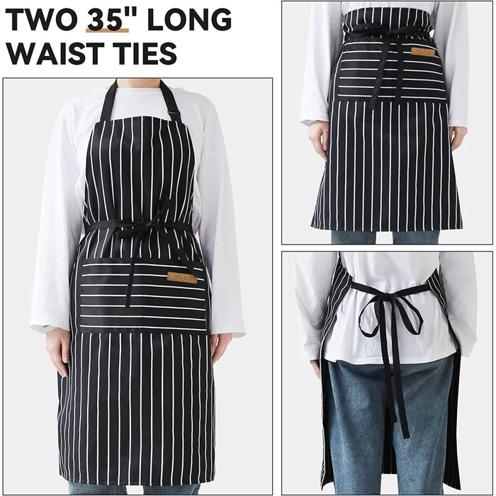 Adjustable Striped Halter Neck Apron with 2 Pockets for Kitchen Restaurant Gardening Cafe - Black Thin Stripe - 2