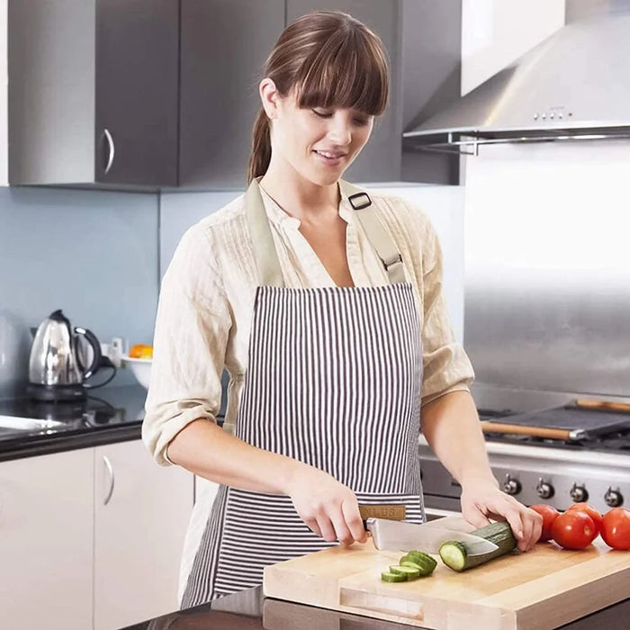 Adjustable Striped Halter Neck Apron with 2 Pockets for Kitchen Restaurant Gardening Cafe - Black Thin Stripe - 4