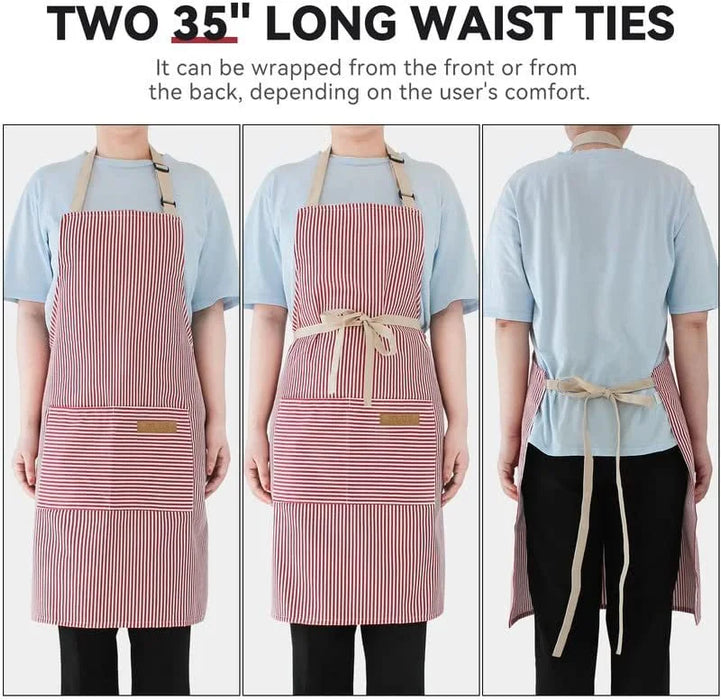Adjustable Striped Halter Neck Apron with 2 Pockets for Kitchen Restaurant Gardening Cafe - Black Thin Stripe - 5