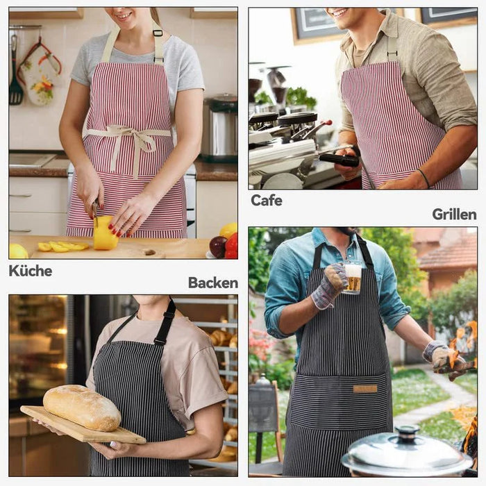 Adjustable Striped Halter Neck Apron with 2 Pockets for Kitchen Restaurant Gardening Cafe - Black Thin Stripe - 6