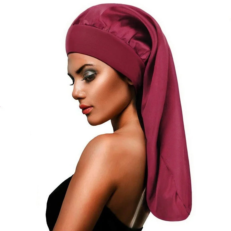 High Elasticity Wide Band Satin Sleep Cap for Women Long Hair Care Bonnet - Red - 1