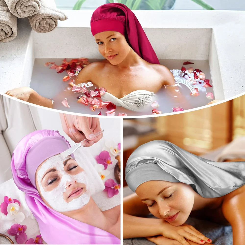 High Elasticity Wide Band Satin Sleep Cap for Women Long Hair Care Bonnet - Red - 2