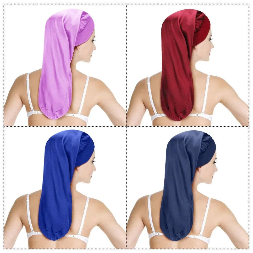High Elasticity Wide Band Satin Sleep Cap for Women Long Hair Care Bonnet - Red - 4