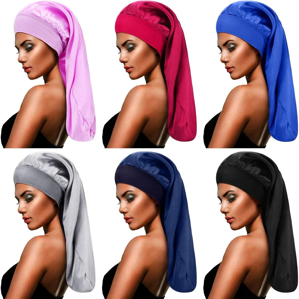 High Elasticity Wide Band Satin Sleep Cap for Women Long Hair Care Bonnet - Red - 5