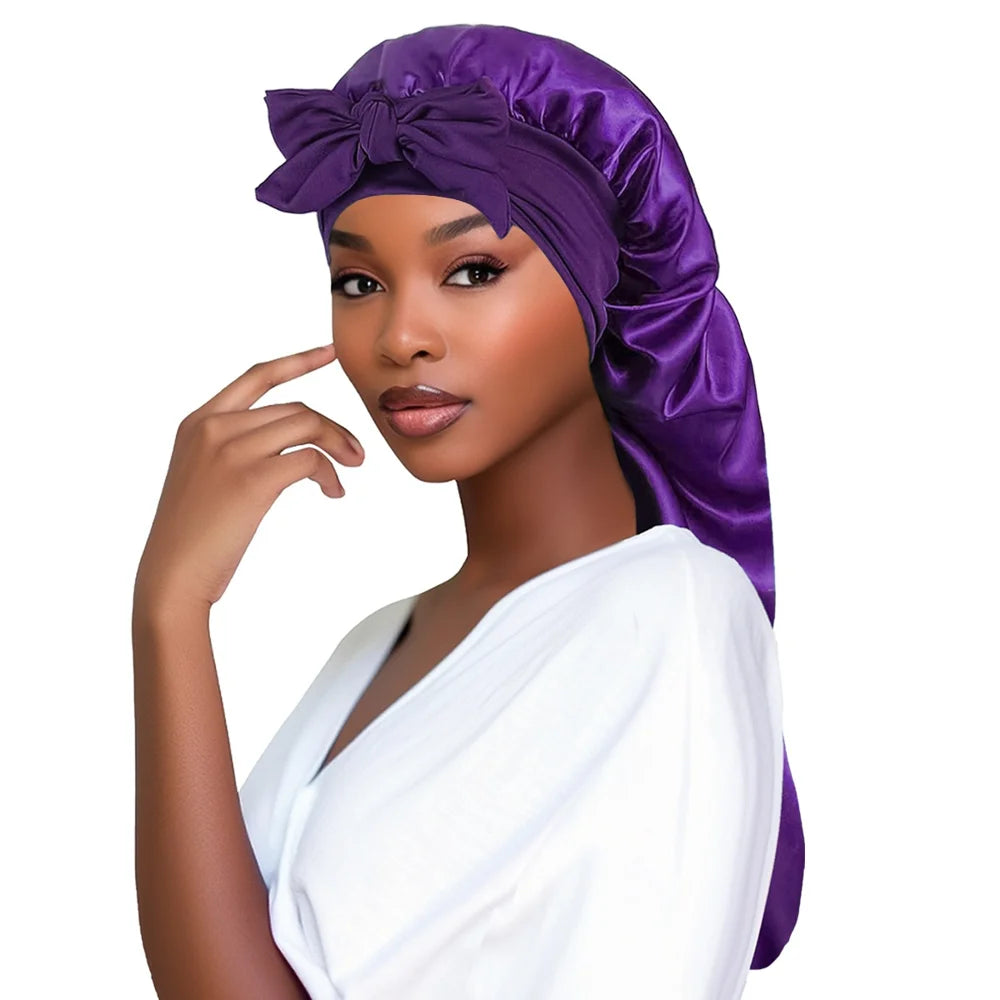 Long Satin Sleep Cap with Bow Tie Hair Protection Bonnet for Night Sleep - Purple - 1