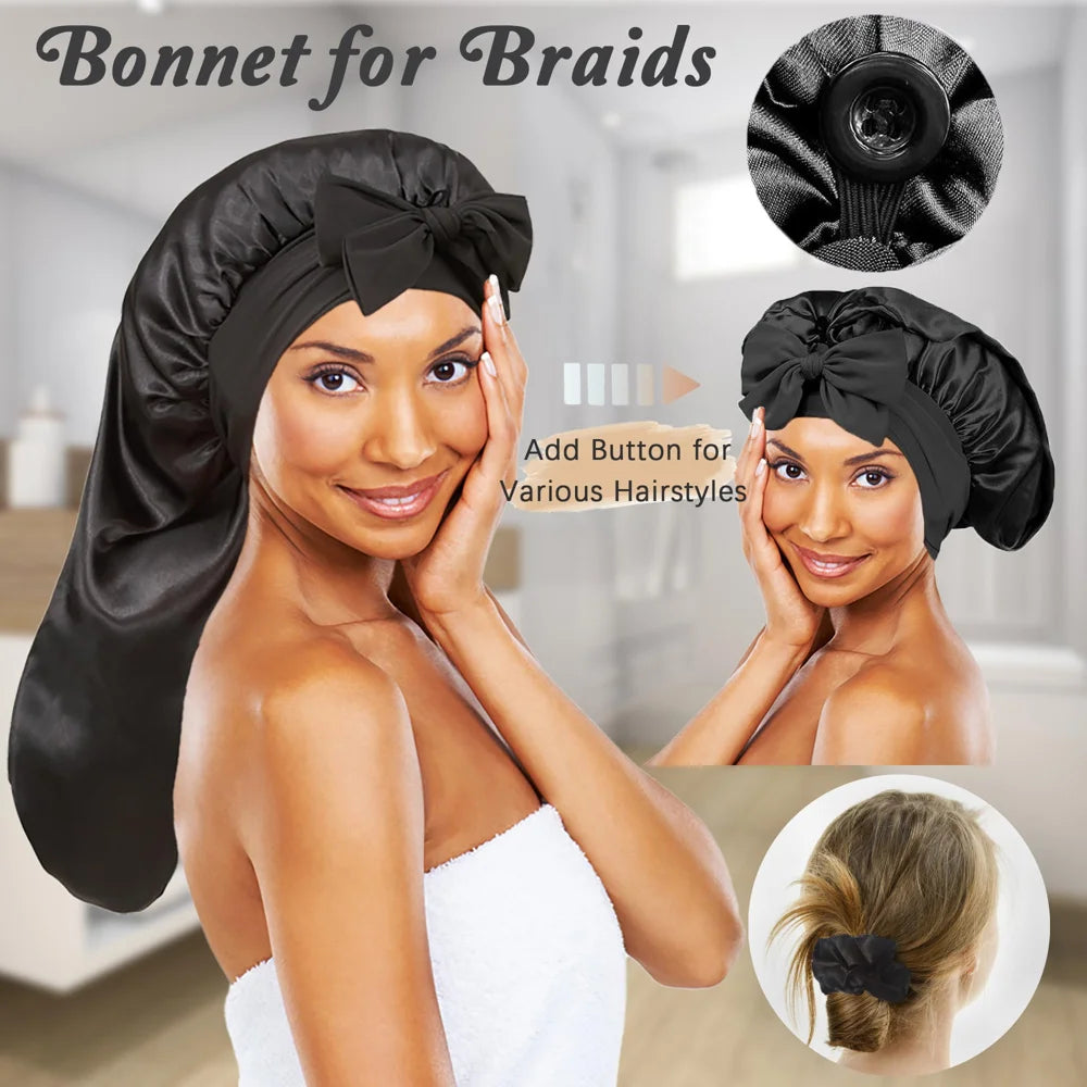 Long Satin Sleep Cap with Bow Tie Hair Protection Bonnet for Night Sleep - Purple - 2