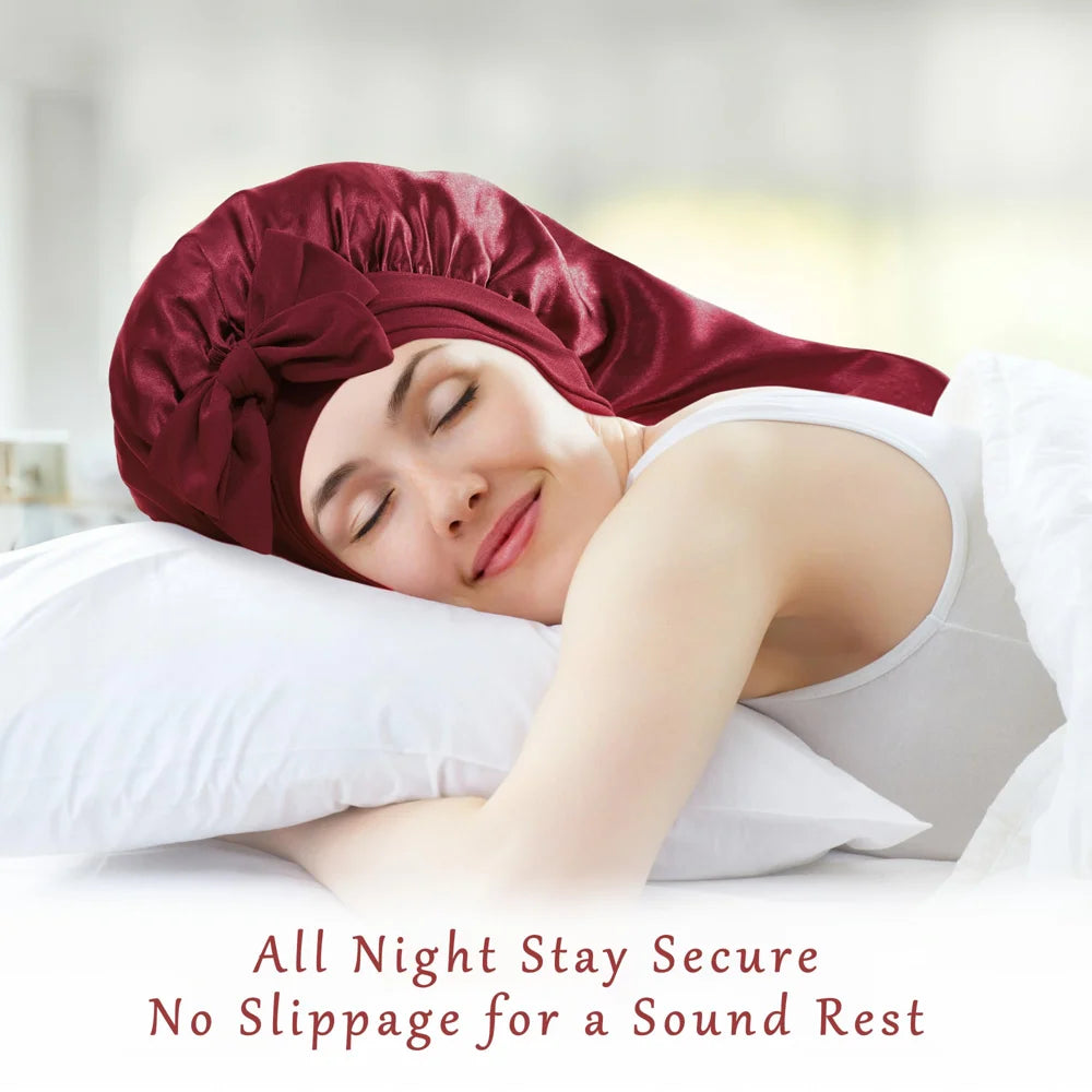 Long Satin Sleep Cap with Bow Tie Hair Protection Bonnet for Night Sleep - Purple - 3