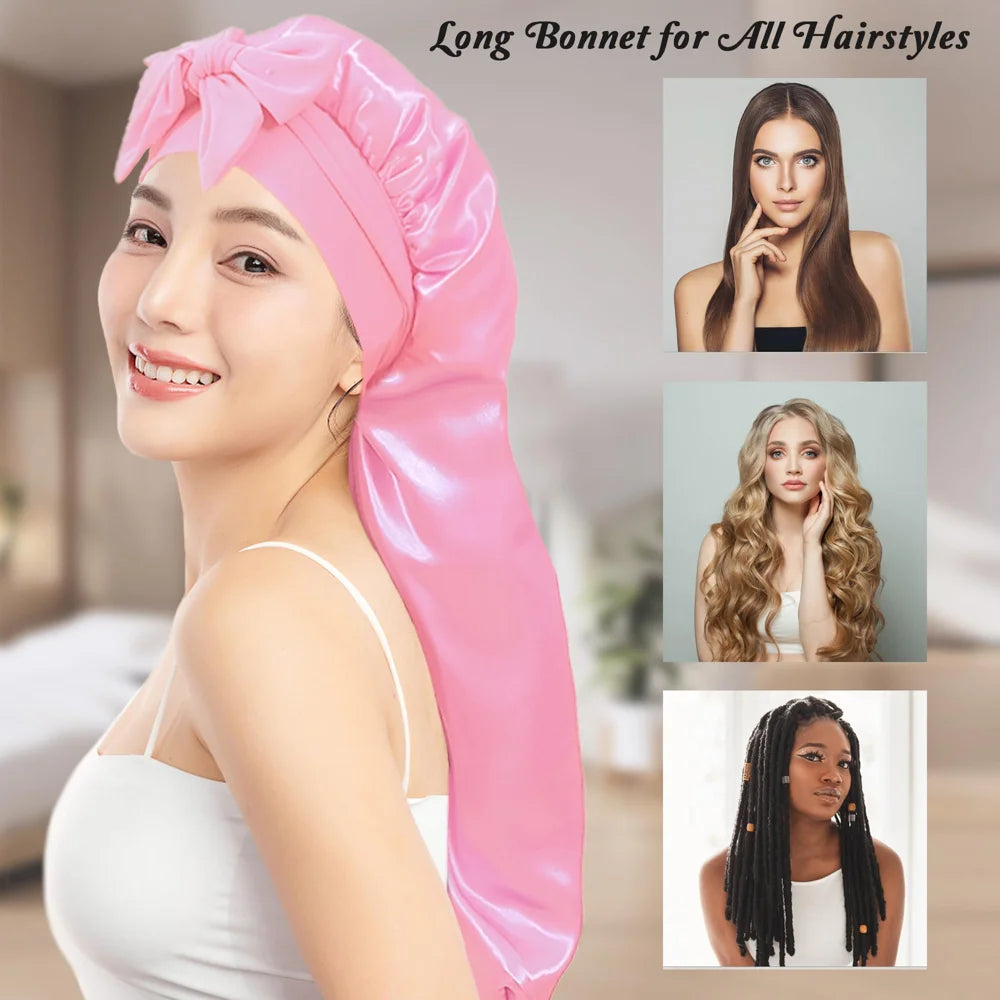 Long Satin Sleep Cap with Bow Tie Hair Protection Bonnet for Night Sleep - Purple - 4