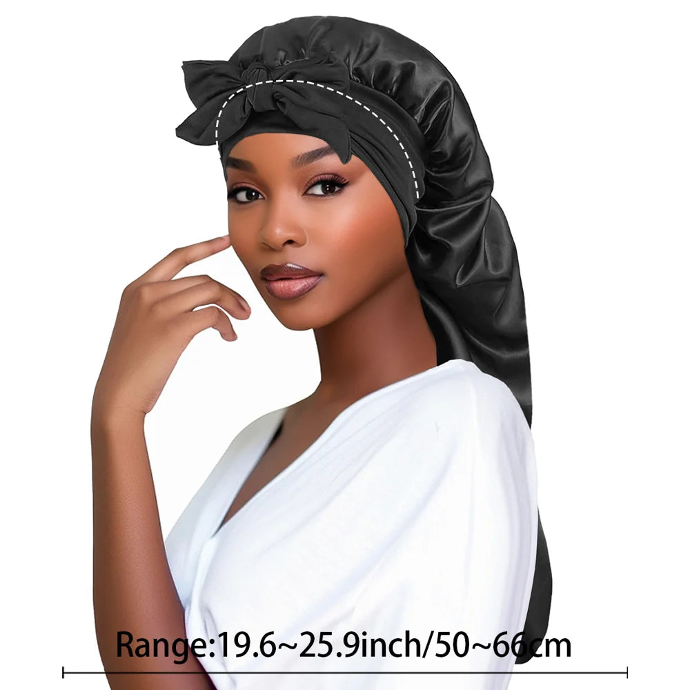 Long Satin Sleep Cap with Bow Tie Hair Protection Bonnet for Night Sleep - Purple - 5