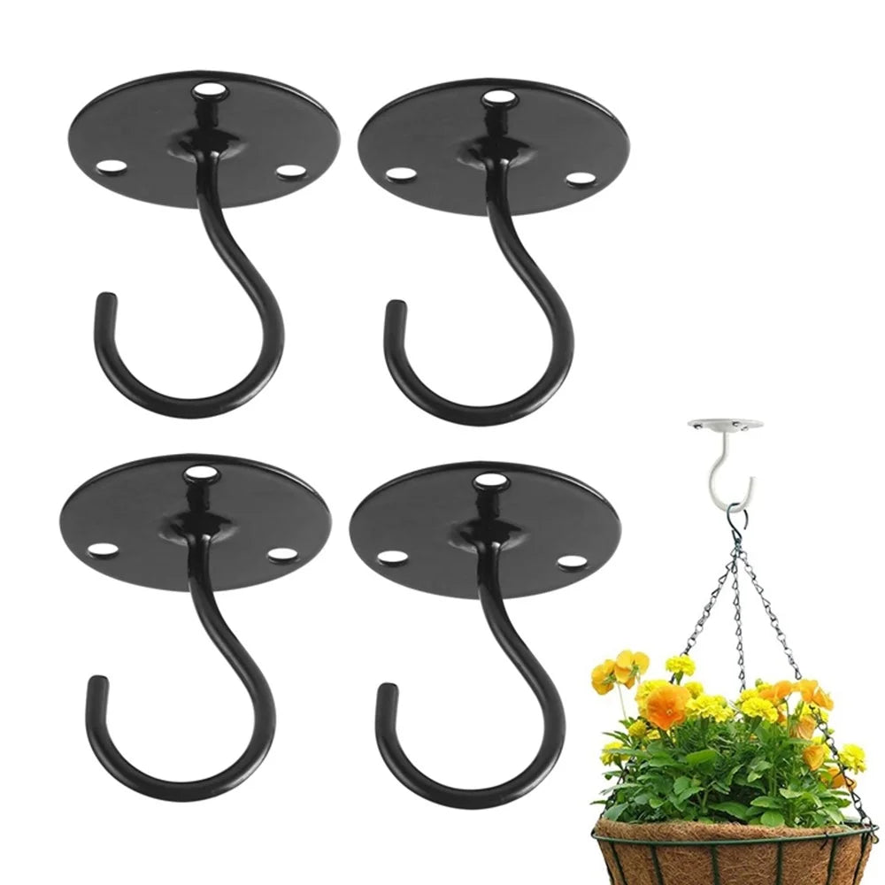 DN-189 4Pcs Iron Ceiling Hookd Balcony Plant Flower Basket Hookd with Mounting Screws and Expansion Tubes - Black - 4