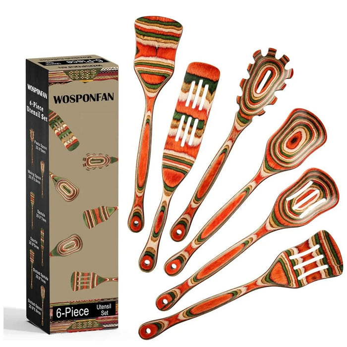 6Pcs / Set Heat Resistant Colorful Wooden Kitchen Utensils Slotted Spatula Ladle Cooking Tools (BPA Free, No FDA) - 6