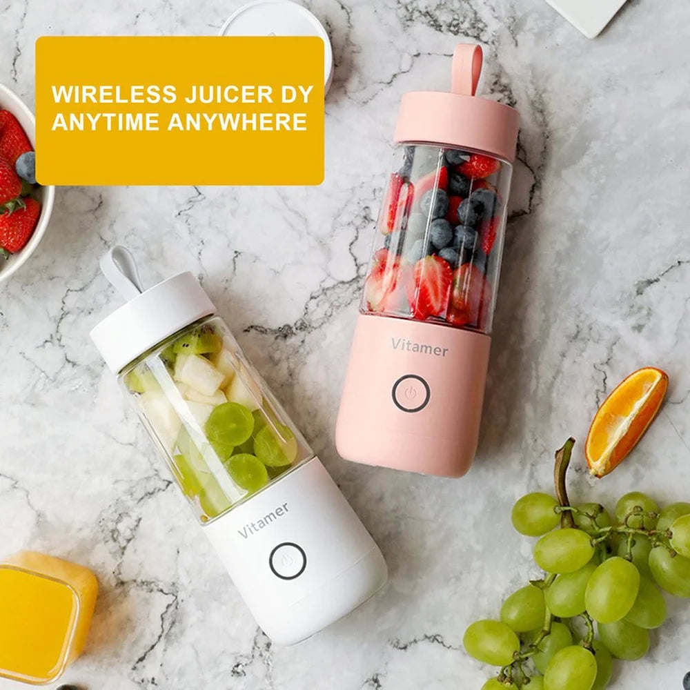 VITAMER 350ml Portable Electric Fruit Juicer USB Rechargeable Smoothie Blender Machine Kitchen Fruit Mixer Cup Juicing Cup - Pink - 7