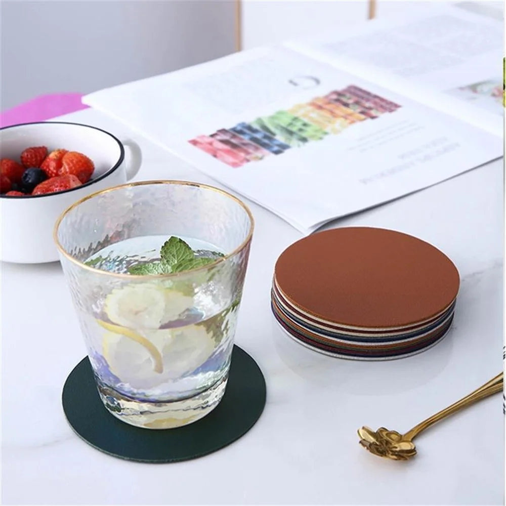 6Pcs PU Leather Coasters Round Heat Resistant Anti-skid Cup Pad Mats Dining Table Decoration - Grey - 2
