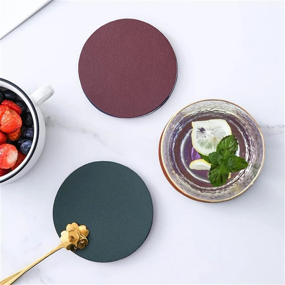 6Pcs PU Leather Coasters Round Heat Resistant Anti-skid Cup Pad Mats Dining Table Decoration - Grey - 4