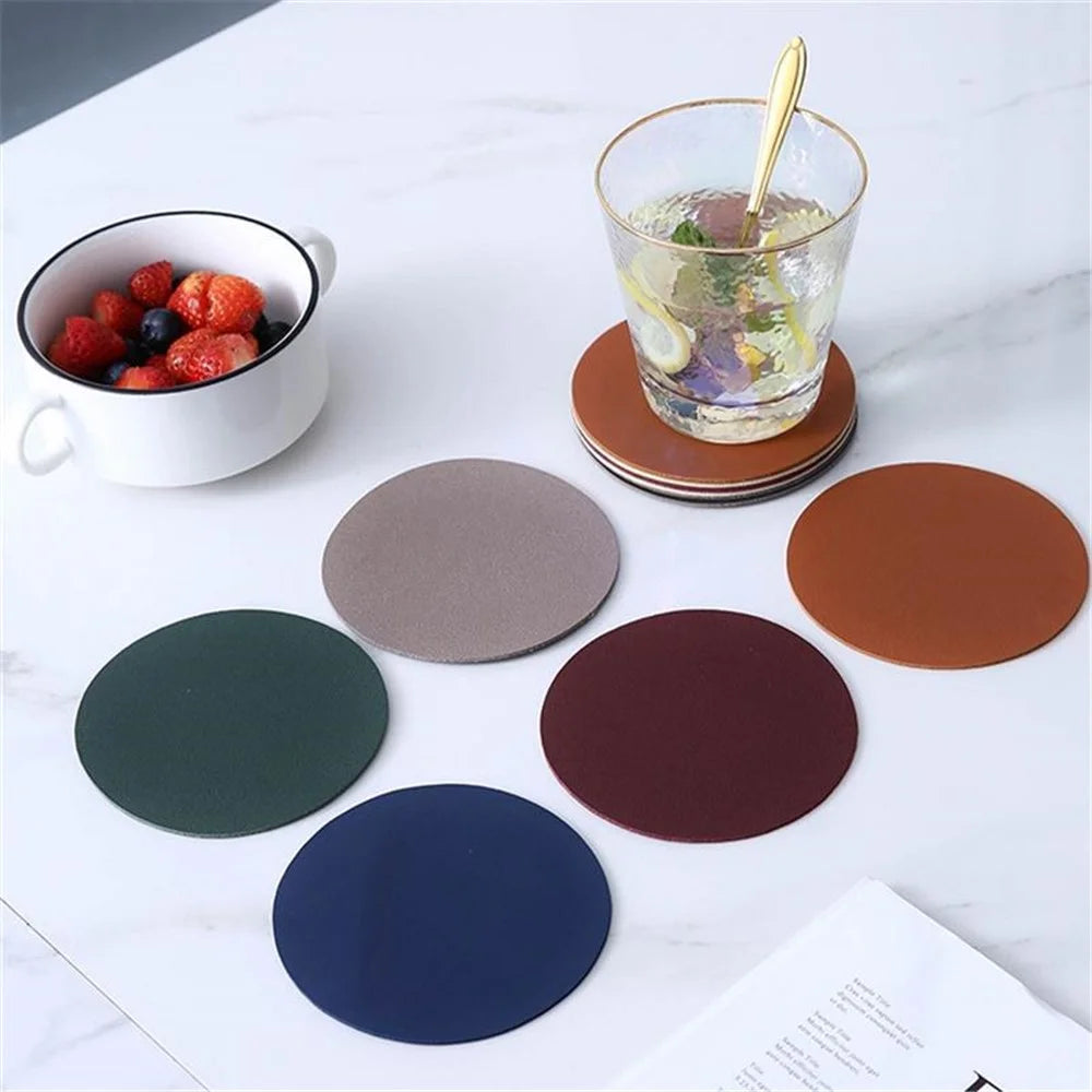 6Pcs PU Leather Coasters Round Heat Resistant Anti-skid Cup Pad Mats Dining Table Decoration - Grey - 5