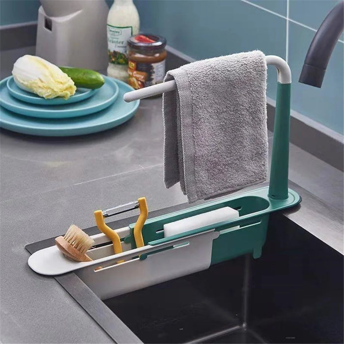 Multifunctional Kitchen Retractable Sink Storage Rack Dishwashing Cloth Sponge Holder Shelf - Green - 7