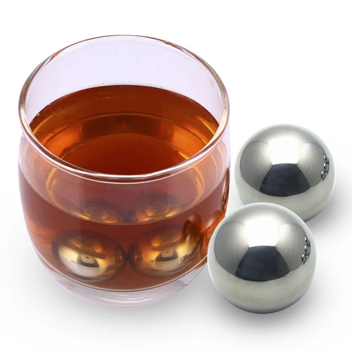 2Pcs 55mm Sphere Whiskey Stone Stainless Steel Rock Tasting Wine Beer Ice Stone Ball-Shaped Bar Cooling Cubes Quick Cooler (FDA Certified) - 1