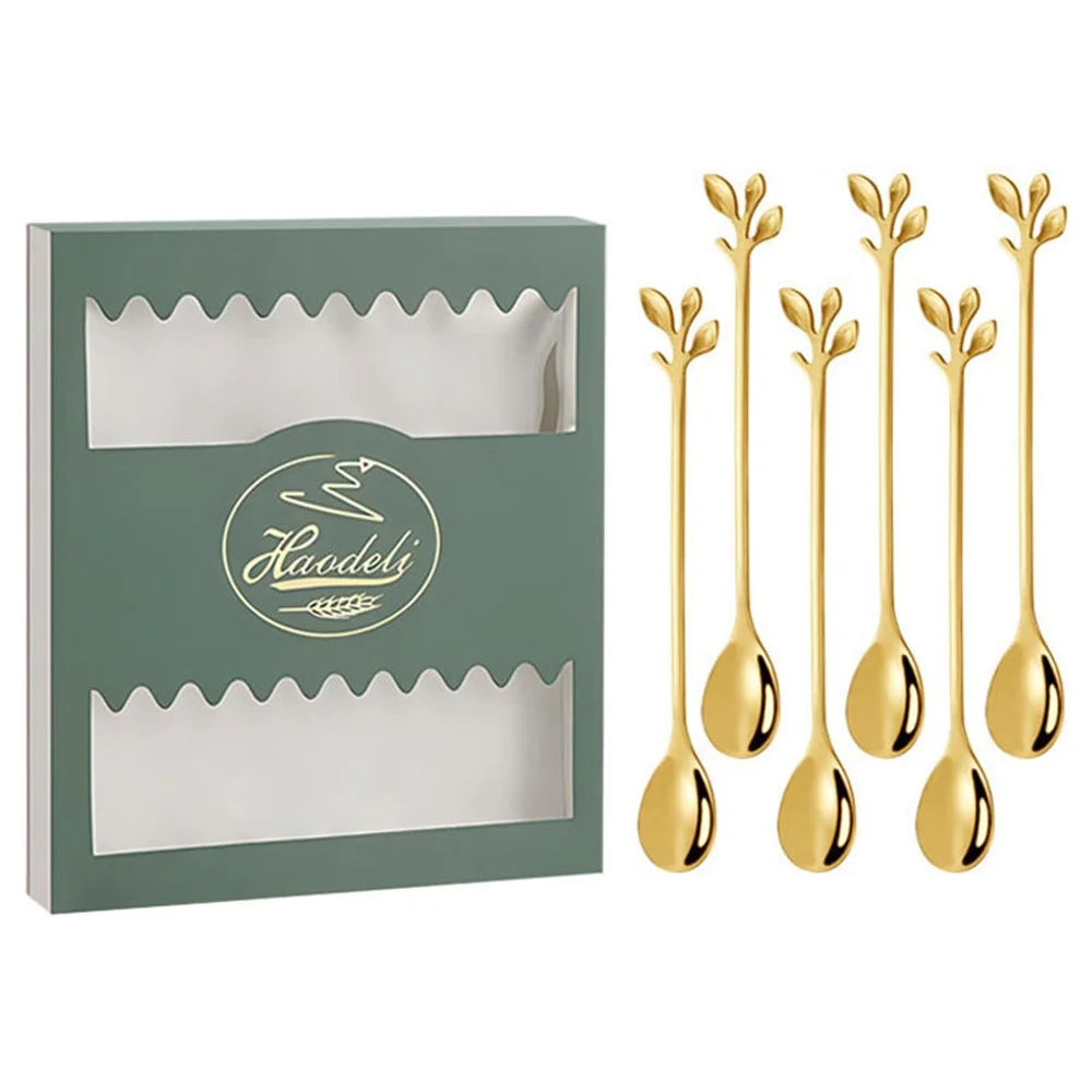 6PCS / Set Stainless Steel Gold Leaf Coffee Spoon 16.4cm Ice-Cream Tea Stirring Spoons for Tea, Coffee - Green - 1