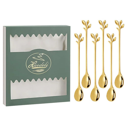 6PCS / Set Stainless Steel Gold Leaf Coffee Spoon 16.4cm Ice-Cream Tea Stirring Spoons for Tea, Coffee - Green - 1