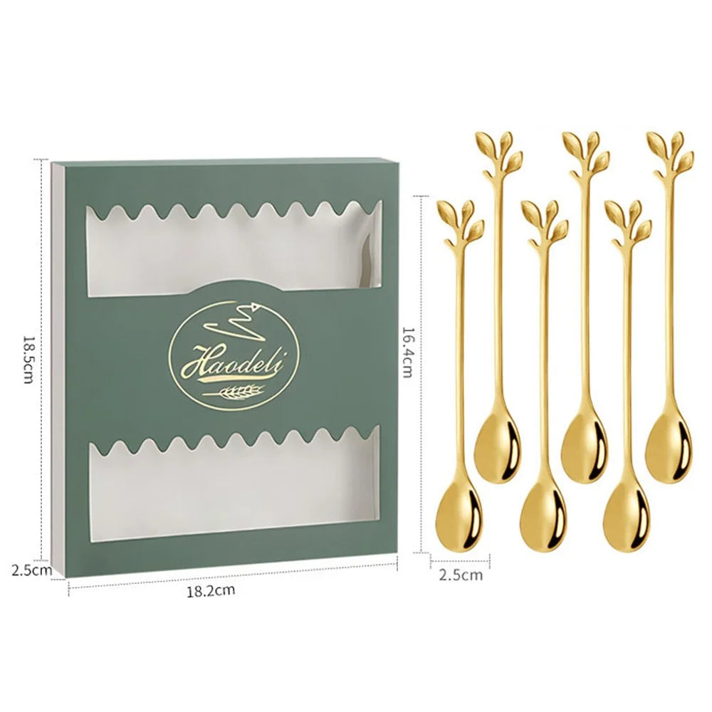 6PCS / Set Stainless Steel Gold Leaf Coffee Spoon 16.4cm Ice-Cream Tea Stirring Spoons for Tea, Coffee - Green - 6