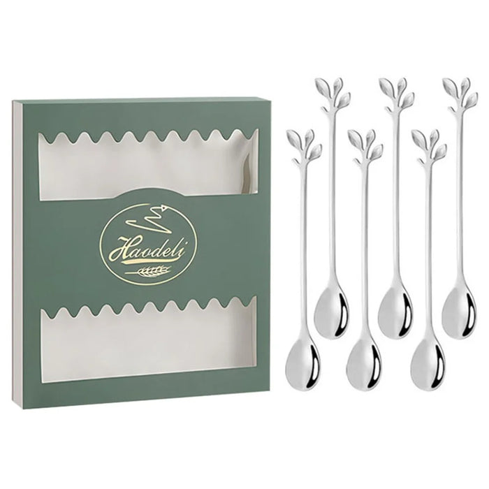 6PCS / Set Stainless Steel Leaf Shape Silver Dessert Spoons for Coffee Ice Cream Cake Teaspoon Set - Green - 1