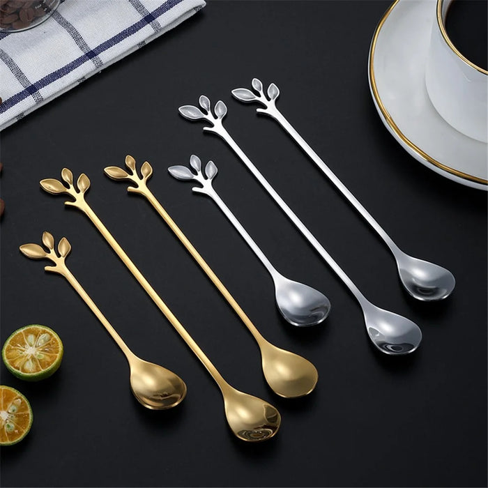 6PCS / Set Stainless Steel Leaf Shape Silver Dessert Spoons for Coffee Ice Cream Cake Teaspoon Set - Green - 4