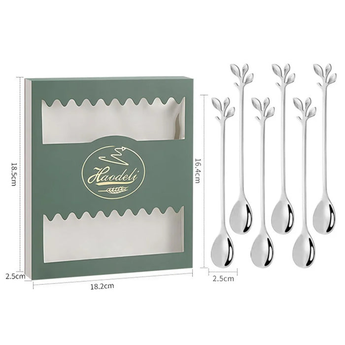 6PCS / Set Stainless Steel Leaf Shape Silver Dessert Spoons for Coffee Ice Cream Cake Teaspoon Set - Green - 5