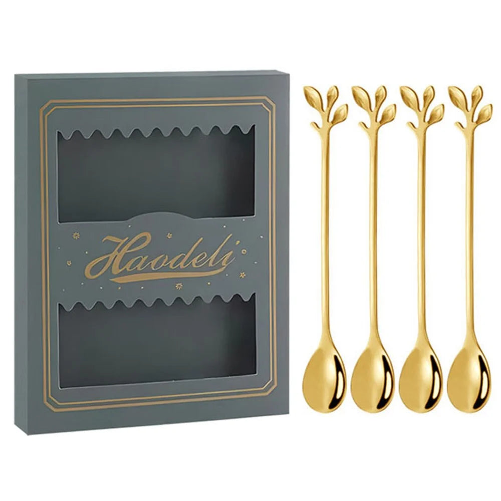 4PCS / Set 16.4 cm Stainless Steel Leaf Coffee Spoons Tableware Dessert Spoons for Stirring, Mixing, Stirring - Green  /  Gold - 1