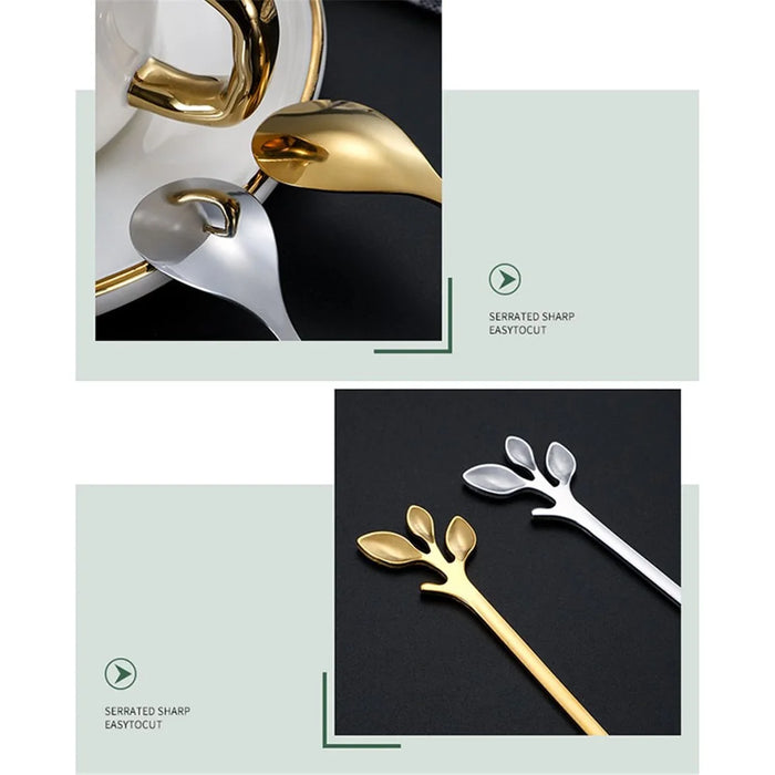 4PCS / Set 16.4 cm Stainless Steel Leaf Coffee Spoons Tableware Dessert Spoons for Stirring, Mixing, Stirring - Green  /  Gold - 3