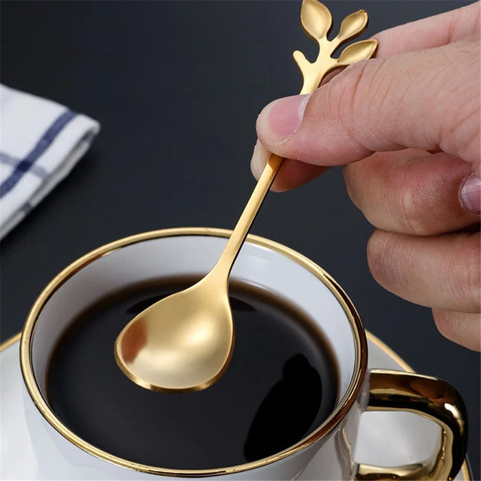 4PCS / Set 16.4 cm Stainless Steel Leaf Coffee Spoons Tableware Dessert Spoons for Stirring, Mixing, Stirring - Green  /  Gold - 4