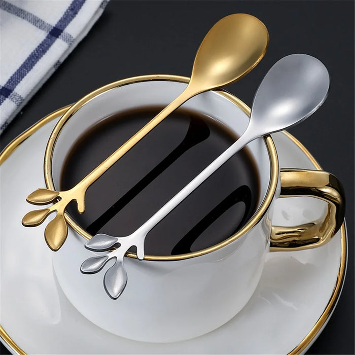 4PCS / Set 16.4 cm Stainless Steel Leaf Coffee Spoons Tableware Dessert Spoons for Stirring, Mixing, Stirring - Green  /  Gold - 5