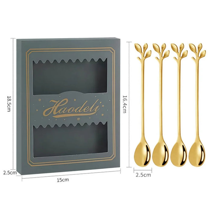 4PCS / Set 16.4 cm Stainless Steel Leaf Coffee Spoons Tableware Dessert Spoons for Stirring, Mixing, Stirring - Green  /  Gold - 7