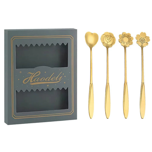 4PCS / Set 17.6-17.8cm Stainless Steel Flower Shape Spoons Tableware Teaspoon Dessert Coffee Spoon for Mixing Stirring - Green  /  Gold - 1