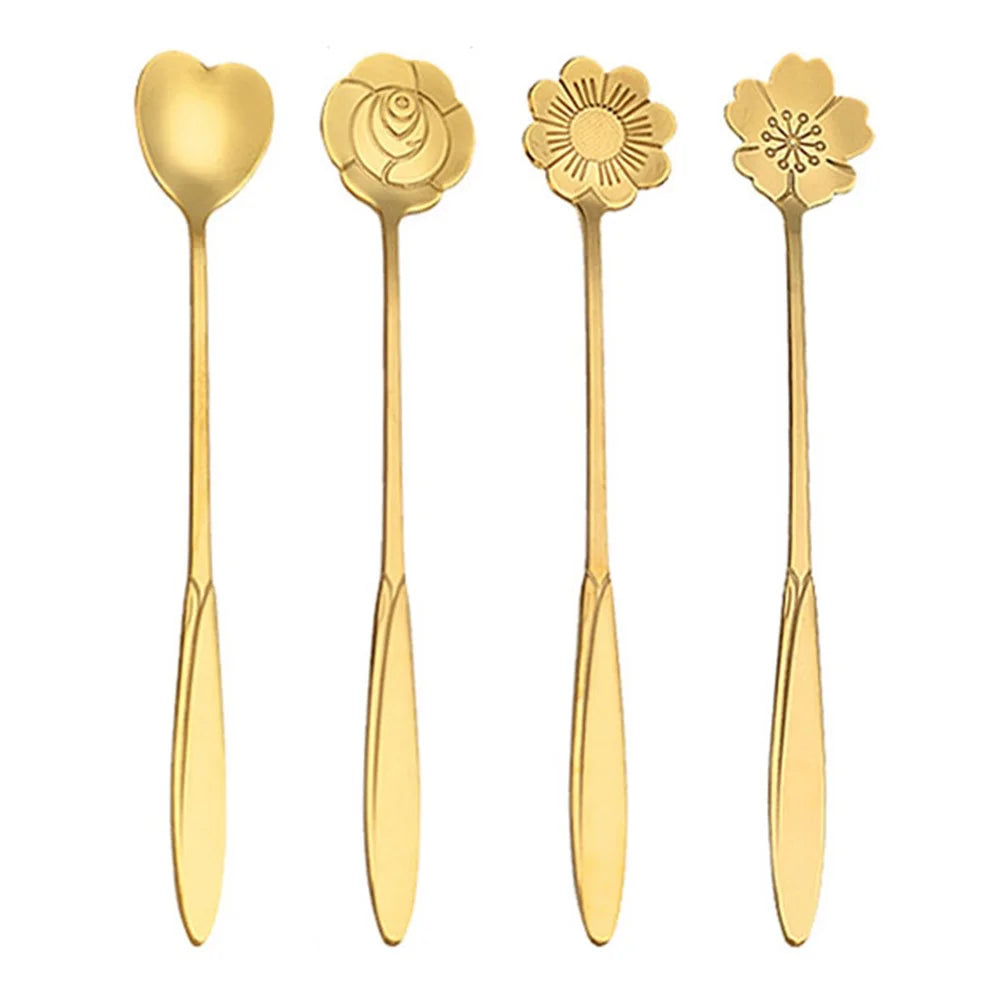 4PCS / Set 17.6-17.8cm Stainless Steel Flower Shape Spoons Tableware Teaspoon Dessert Coffee Spoon for Mixing Stirring - Green  /  Gold - 2