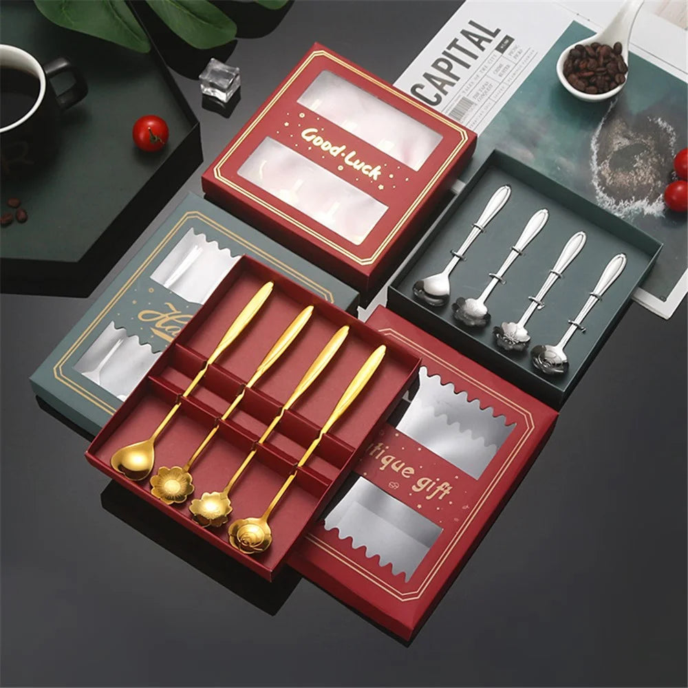 4PCS / Set 17.6-17.8cm Stainless Steel Flower Shape Spoons Tableware Teaspoon Dessert Coffee Spoon for Mixing Stirring - Green  /  Gold - 7