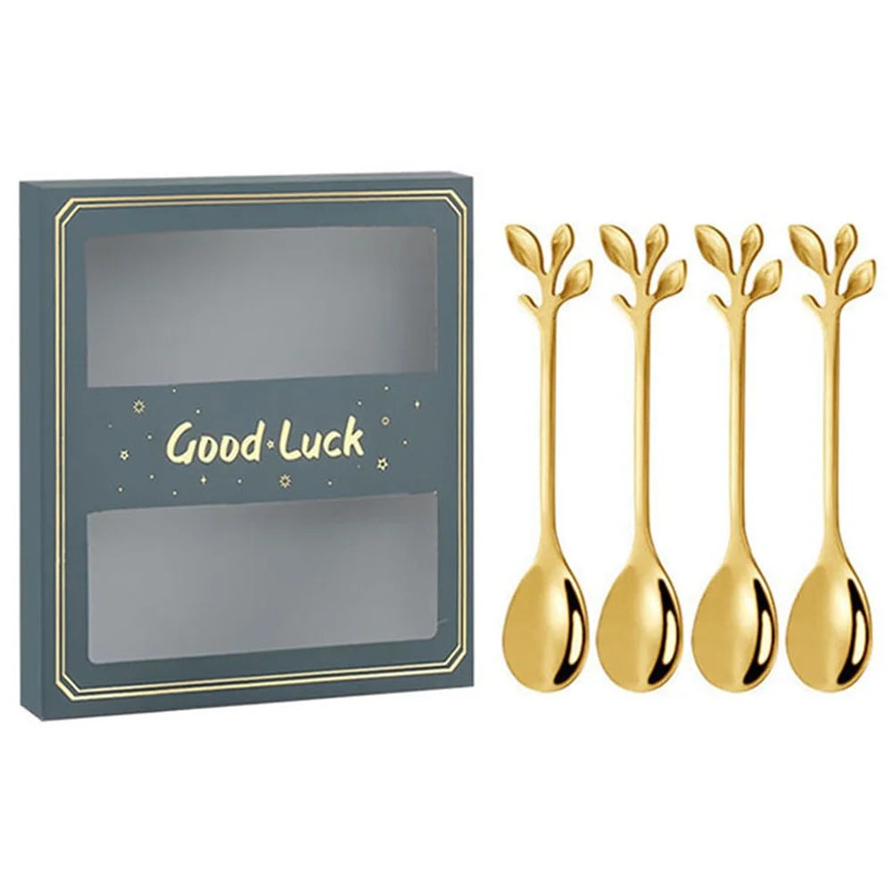 4PCS / Set 12.2 cm Stainless Steel Leaf Coffee Spoons Tableware Stirring Mixing Spoons for Ice Tea, Coffee, Dessert - Green  /  Gold - 1